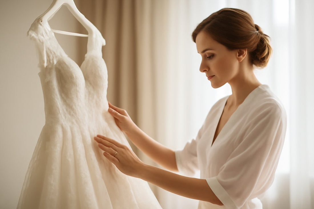 A bride in a light robe carefully admires and handles her wedding gown with clean hands in a softly lit fitting room, emphasizing the importance of gentle care to avoid stains and damage.