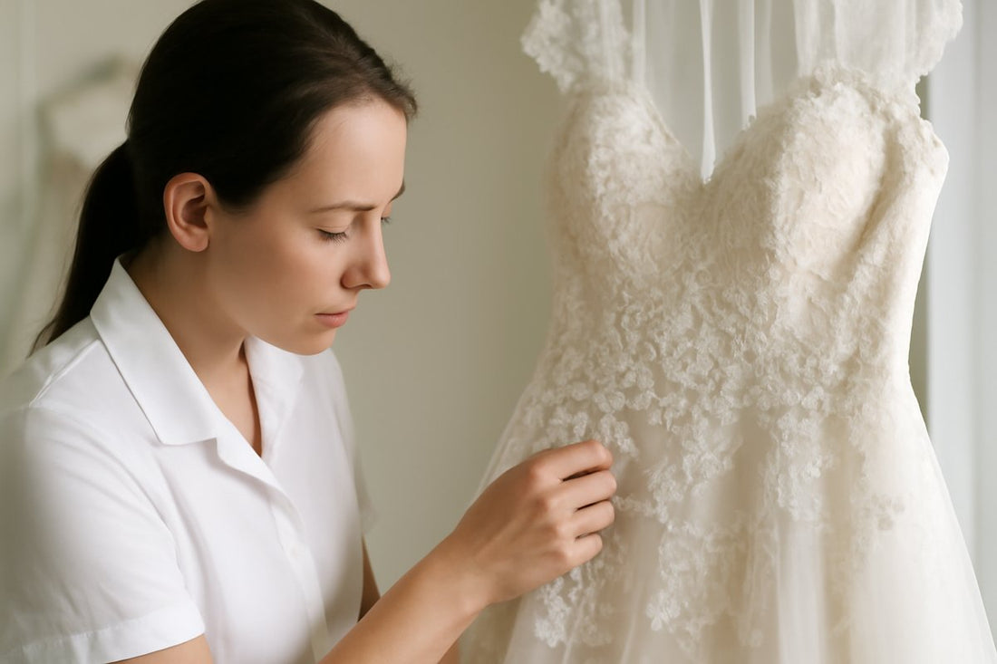A conservator carefully inspects a wedding gown with delicate lace and beadwork, focusing on the fine details of the fabric to ensure the gown is preserved properly.