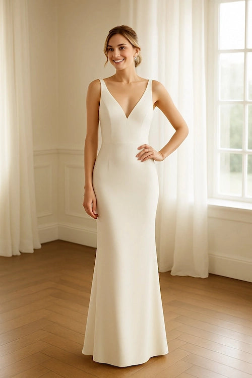 Woman wearing a white sleeveless shear wedding dress, example of a light style dress clean