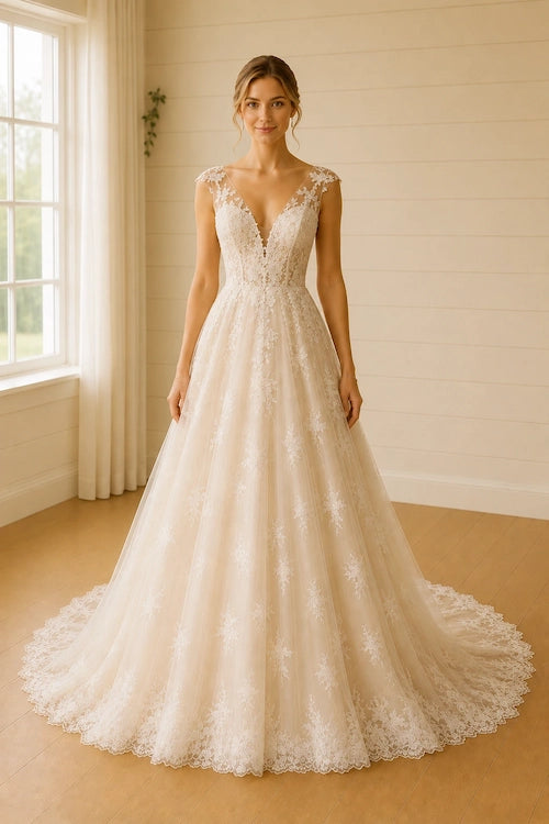 A woman wearing a cream lace wedding gown stands in a bright room with wood floors and paneled walls. The dress has a deep V-neckline, cap sleeves, and a full A-line skirt with a slight train example of a princess wedding dress clean